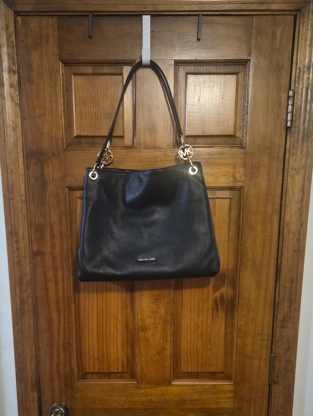 Michael Kors Black Pebbled Leather Shoulder Bag with Gold Accents